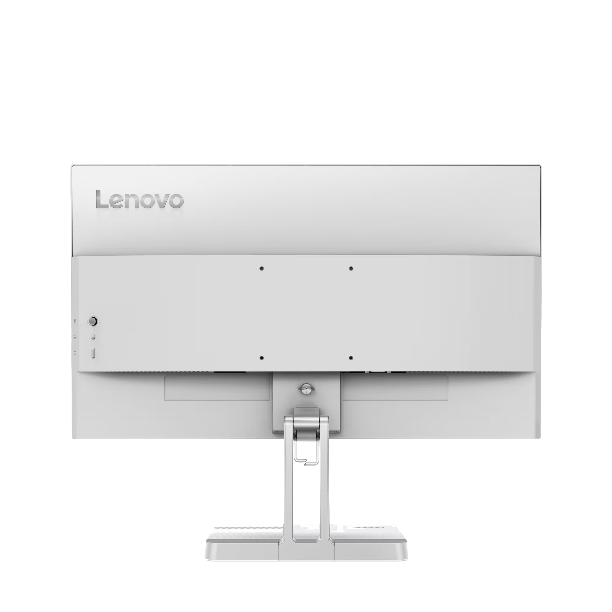 Vista trasera de un ordenador todo en uno Lenovo blanco con teclado y soporte.