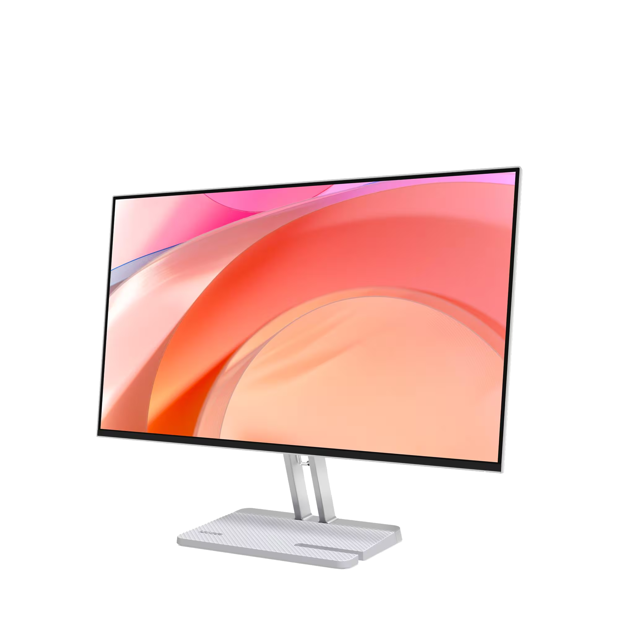 Monitor moderno con soporte blanco y pantalla de fondo naranja abstracto.