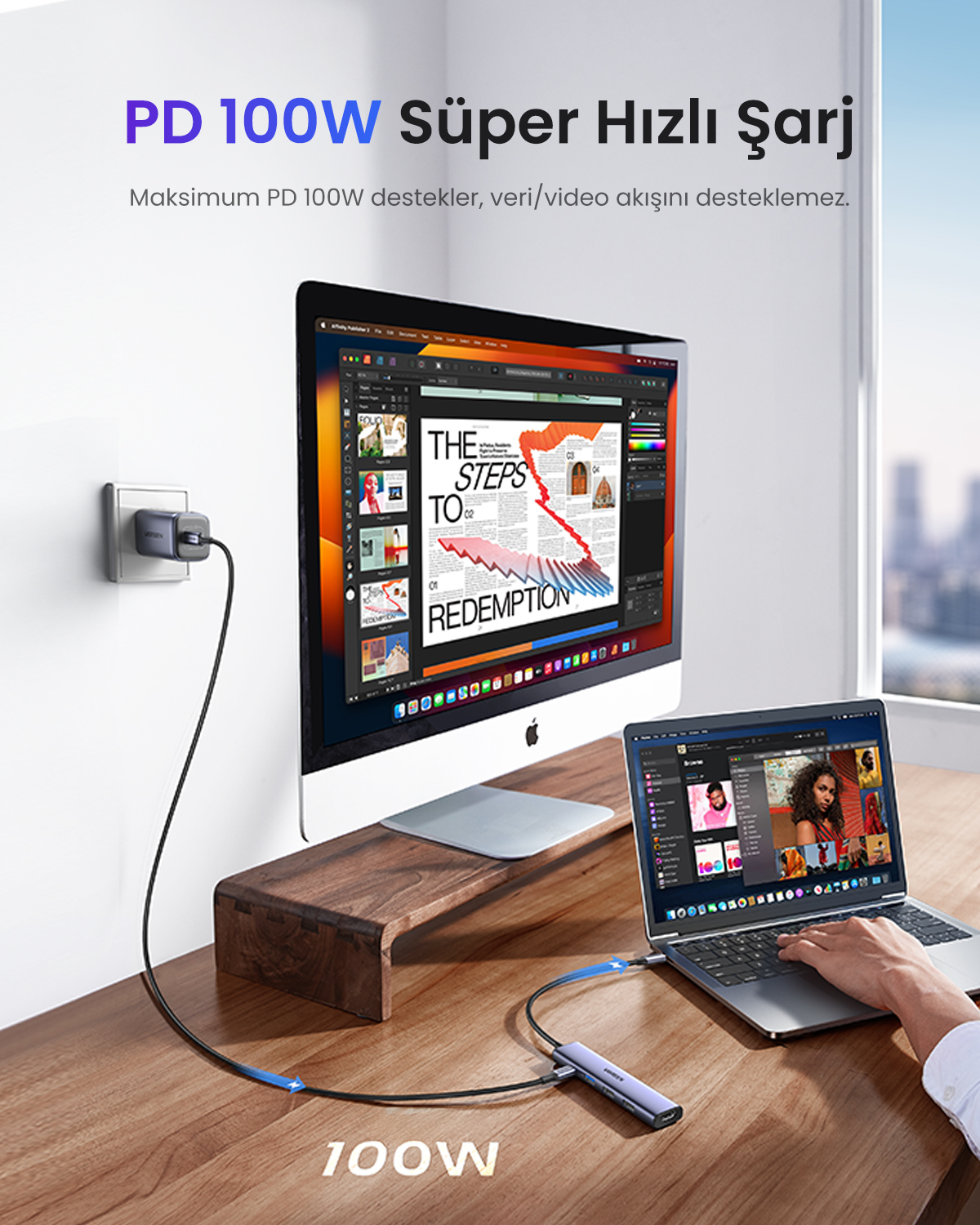 Bir laptop ve iMac, USB-C hub ile ahşap bir masada bağlı.