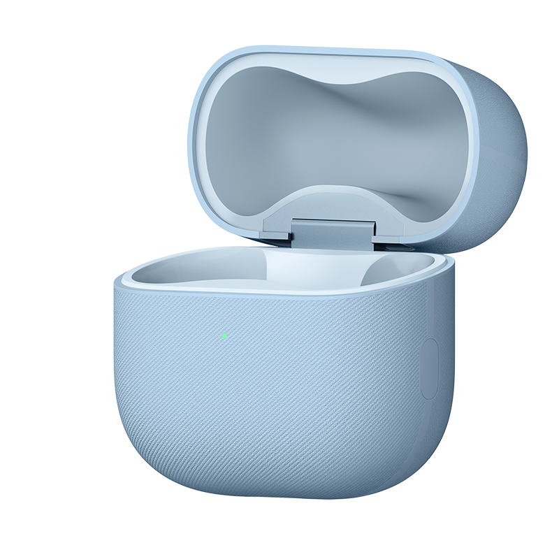 Otwarta, jasnoniebieska, teksturowana ładowarka do słuchawek.