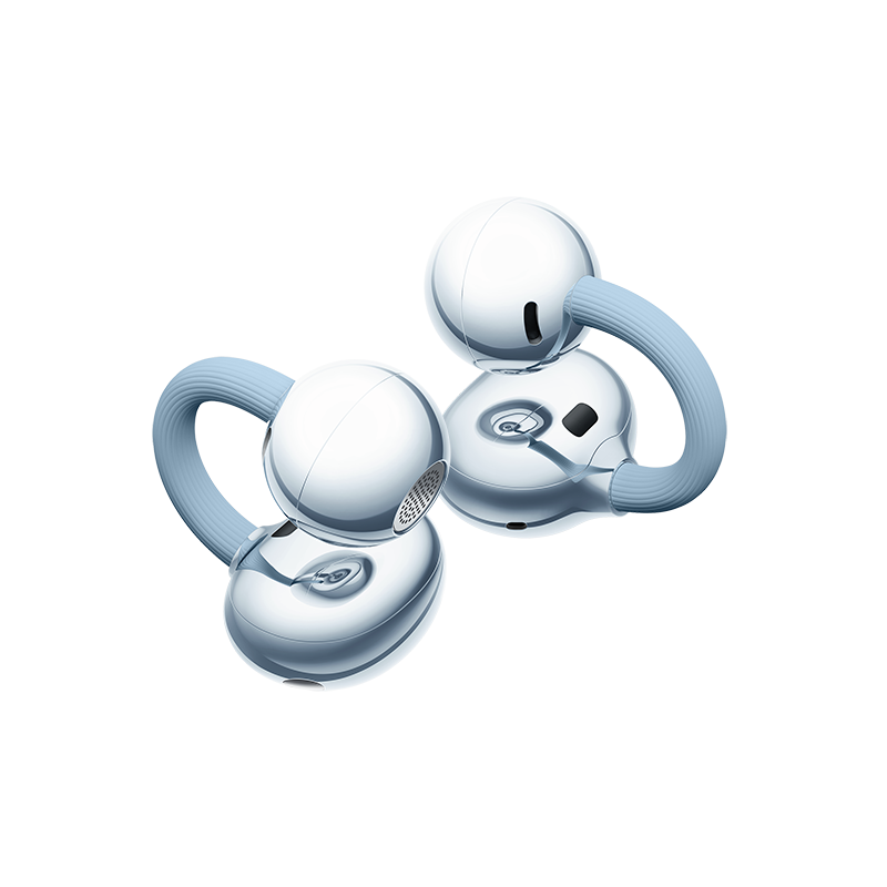 Dwa błyszczące białe słuchawki z jasnoniebieskimi pałąkami na białym tle.