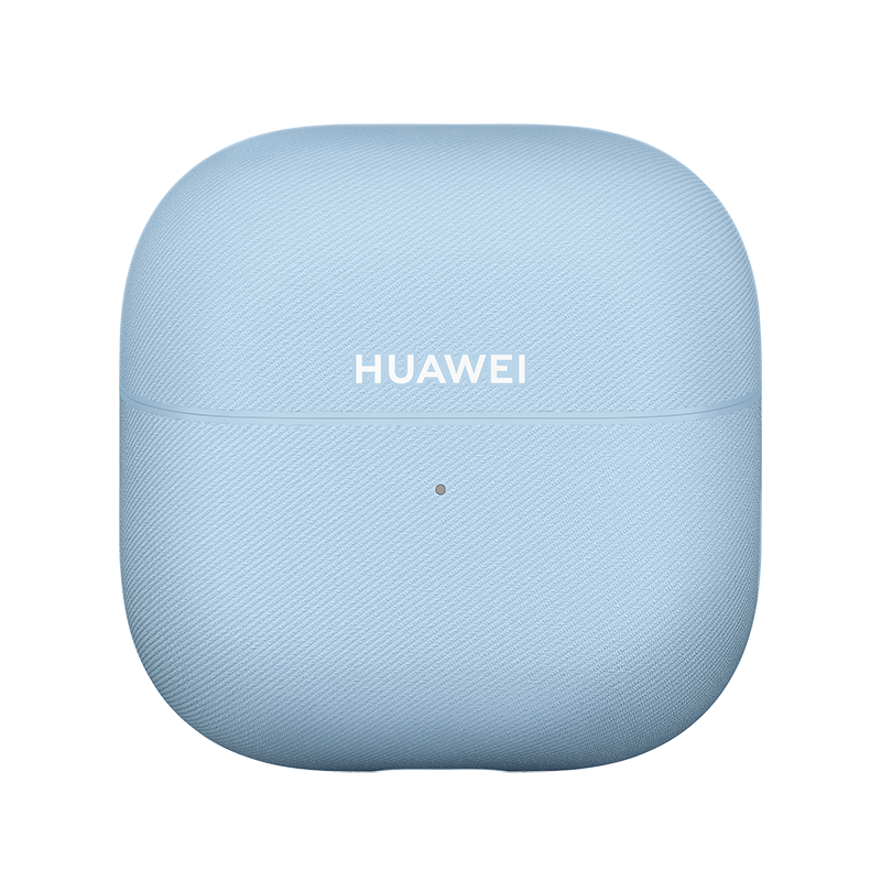 Jasnoniebieskie, materiałowe etui ładujące Huawei z małą kropką wskaźnika ładowania.