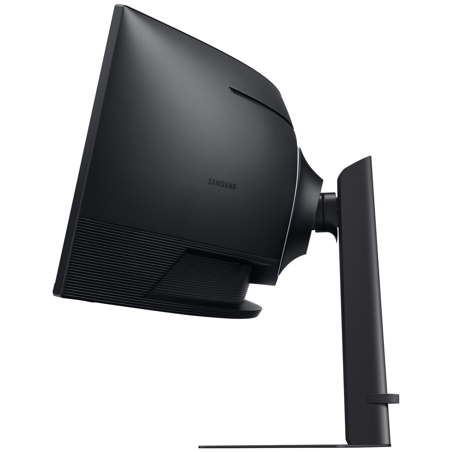 Achterkant van een zwarte Samsung monitor met gebogen scherm en zwarte standaard.