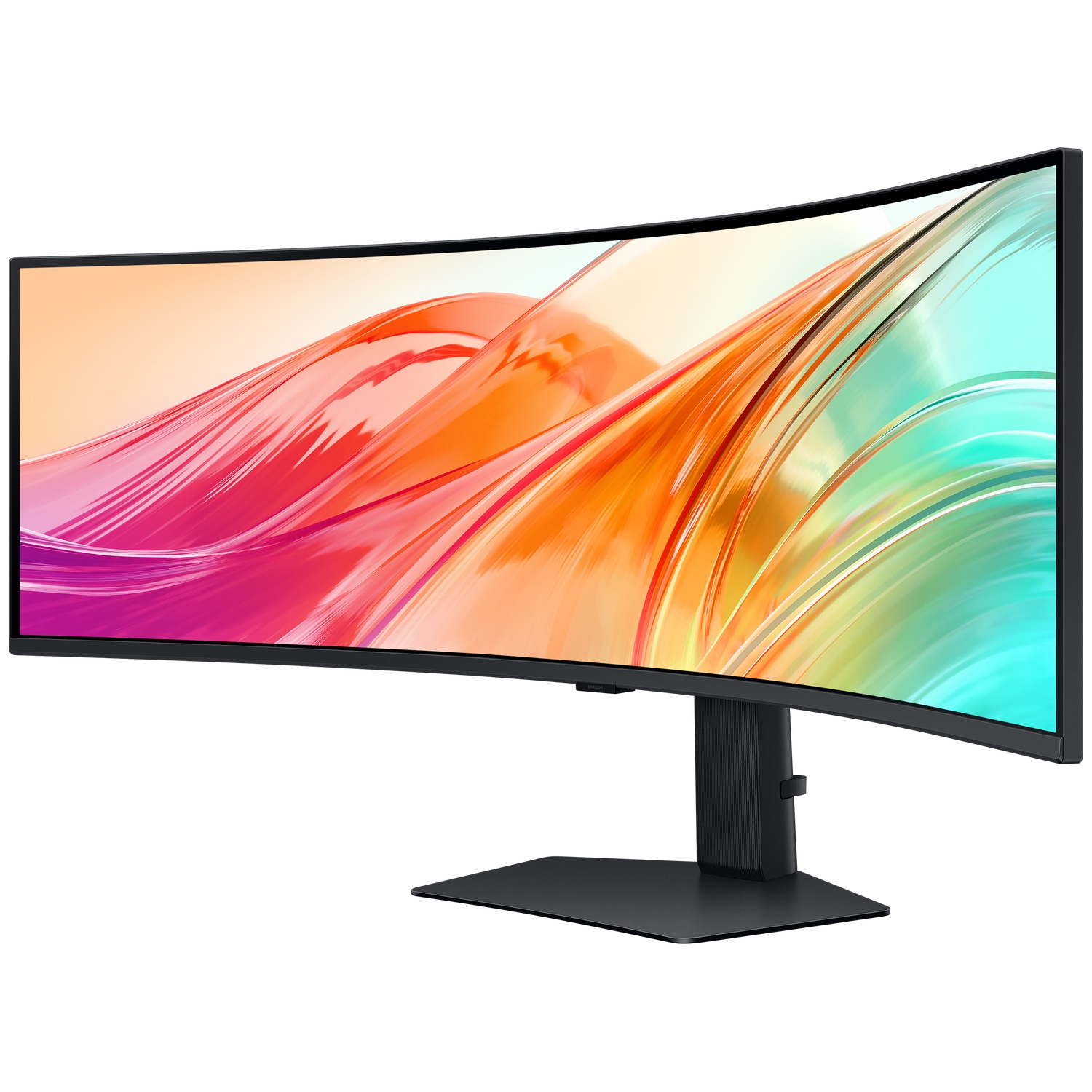 Een gebogen zwarte monitor met een kleurige abstracte achtergrond.