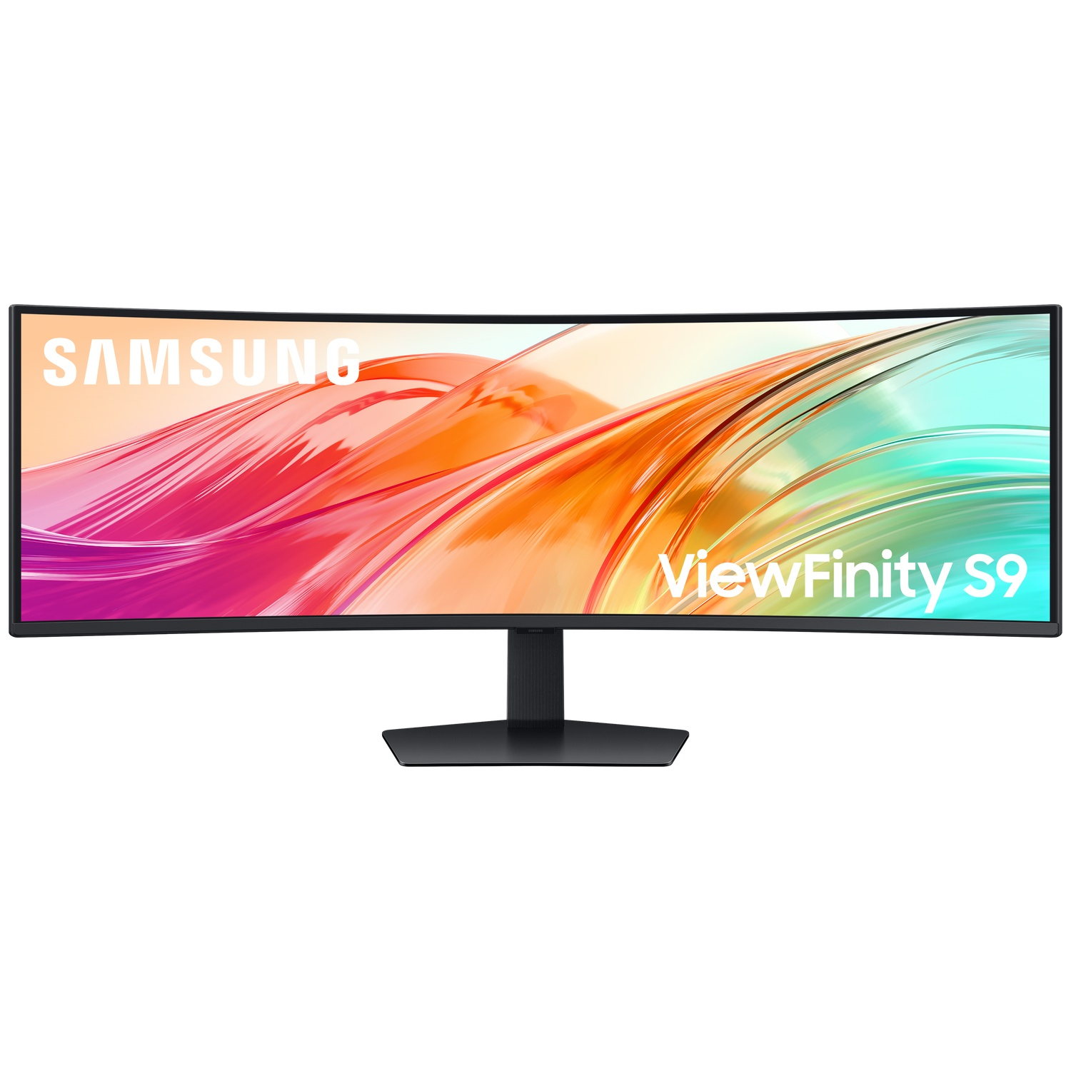 Een gebogen Samsung monitor met kleurrijke abstracte achtergrond, ViewFinity S9.