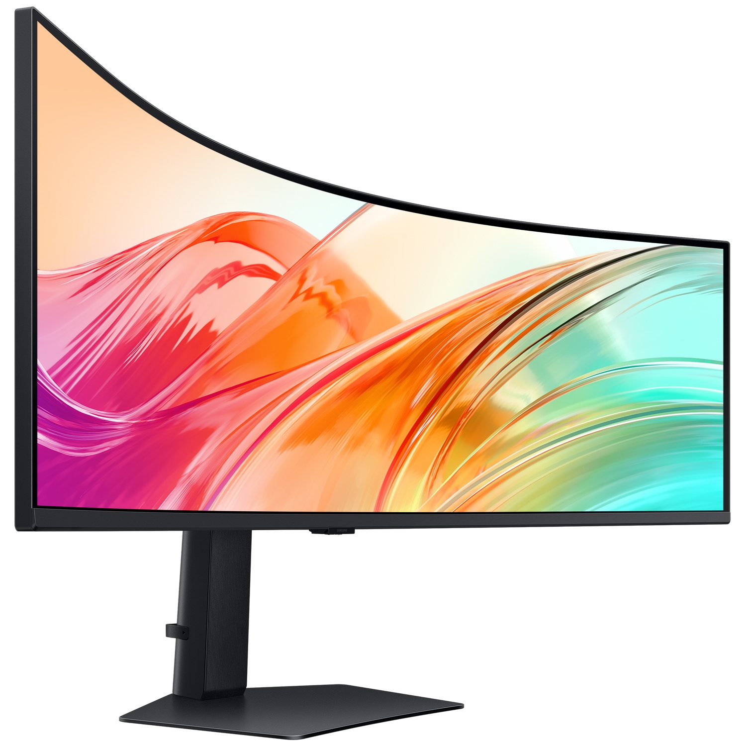 Gebogen computermonitor met levendige abstracte achtergrond. Zwarte standaard.