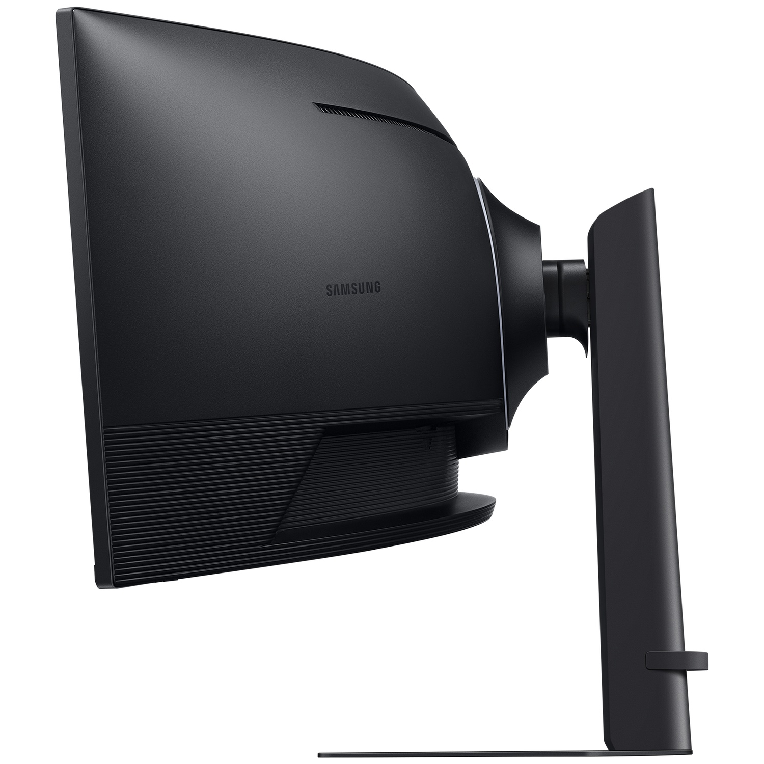 Achterkant van een zwarte Samsung monitor met standaard.