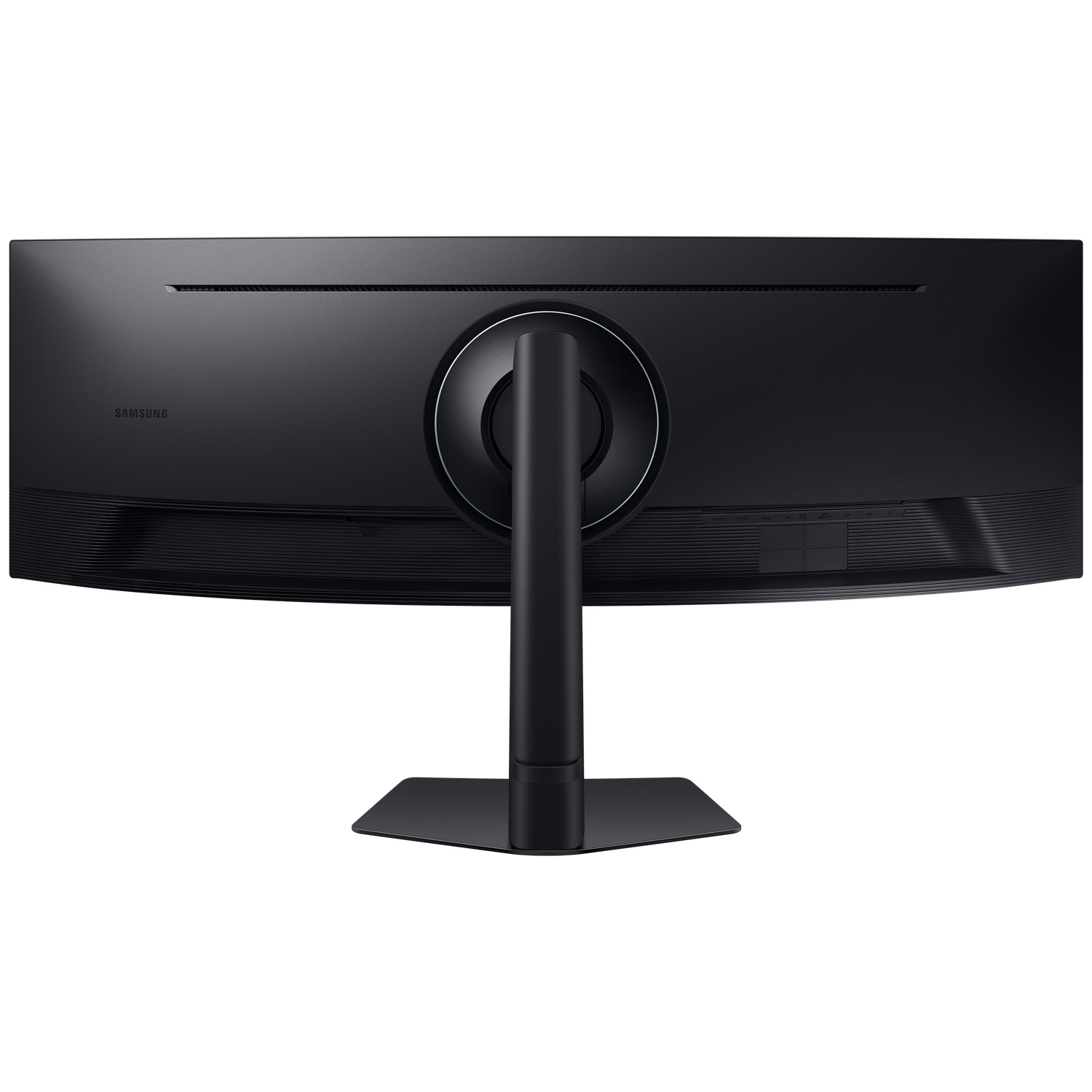 Achterkant van een zwarte Samsung monitor met standaard en poorten.