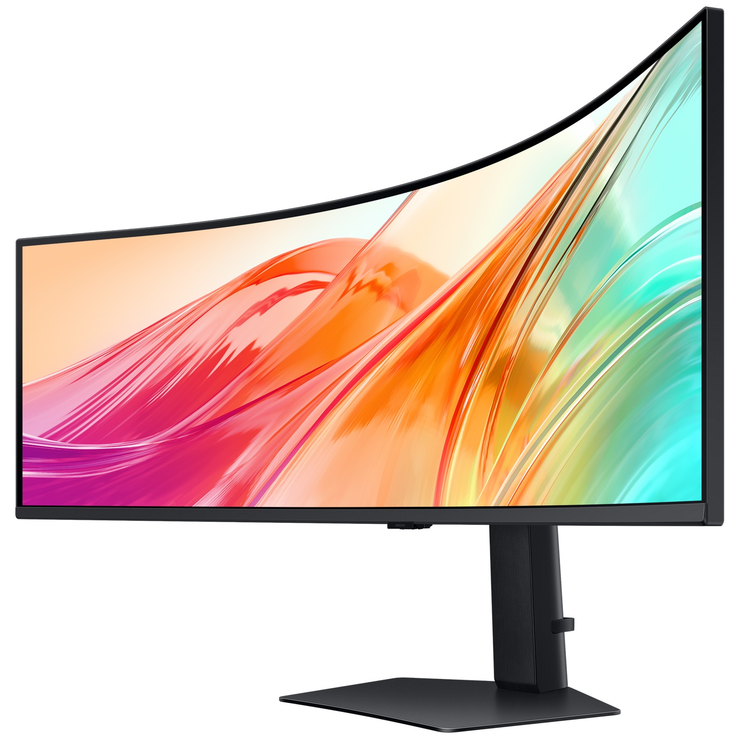 Een gebogen zwarte monitor met een kleurrijke abstracte achtergrond.