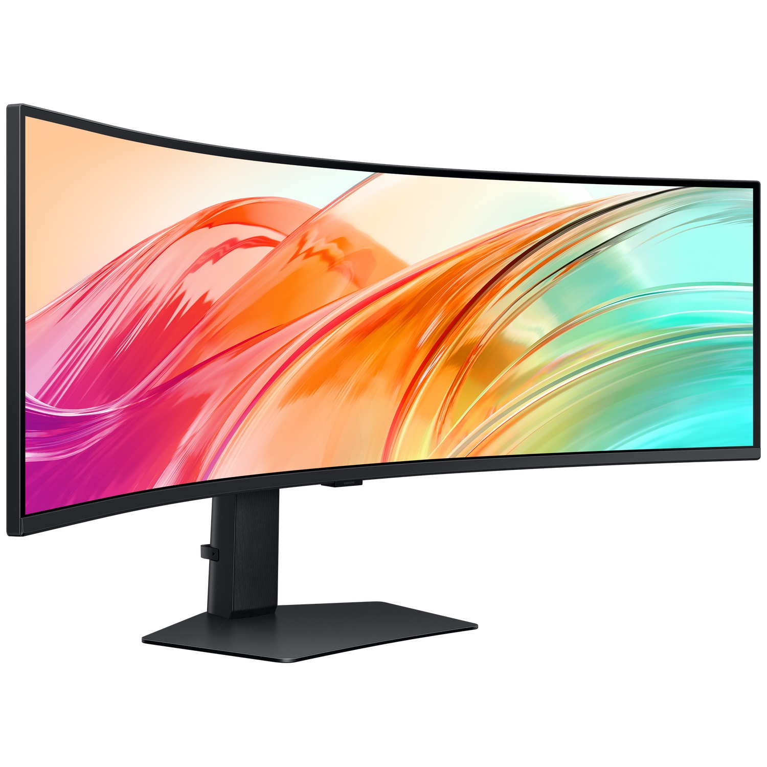 Een zwarte, gebogen monitor met een kleurrijke abstracte achtergrond.