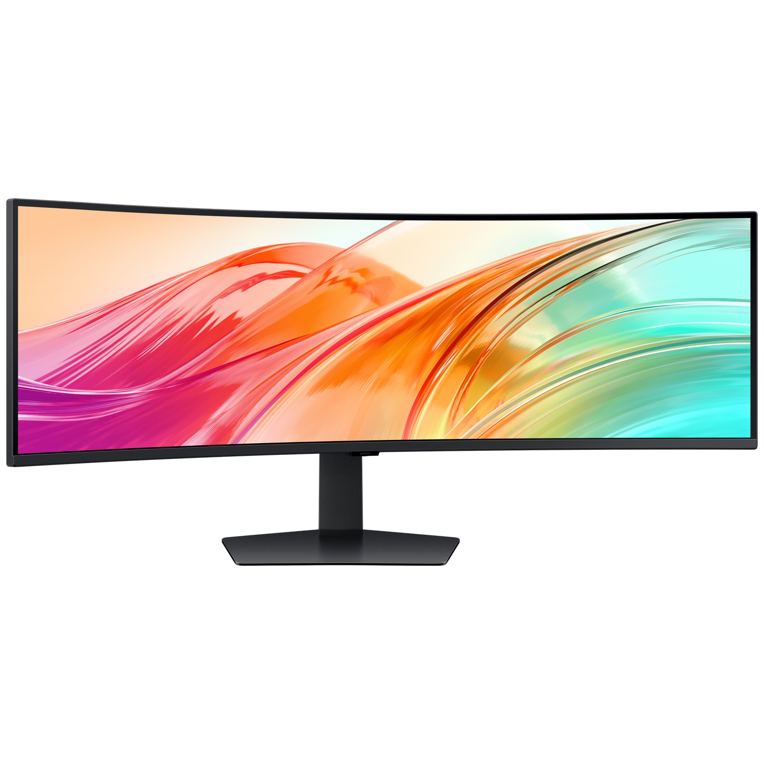 Een gebogen monitor met een abstracte, kleurrijke achtergrond.