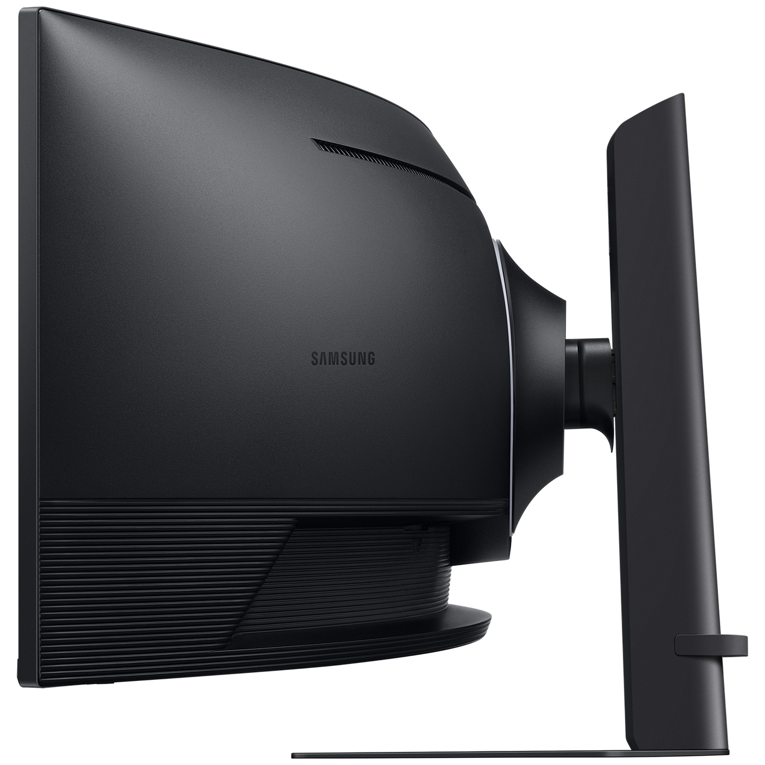 Achterkant van een zwarte Samsung monitor met gebogen ventilatiesleuven.