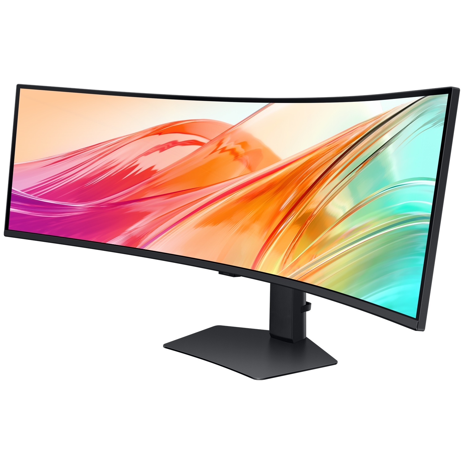 Een gebogen ultrabrede monitor met een kleurige, vloeiende achtergrondafbeelding.
