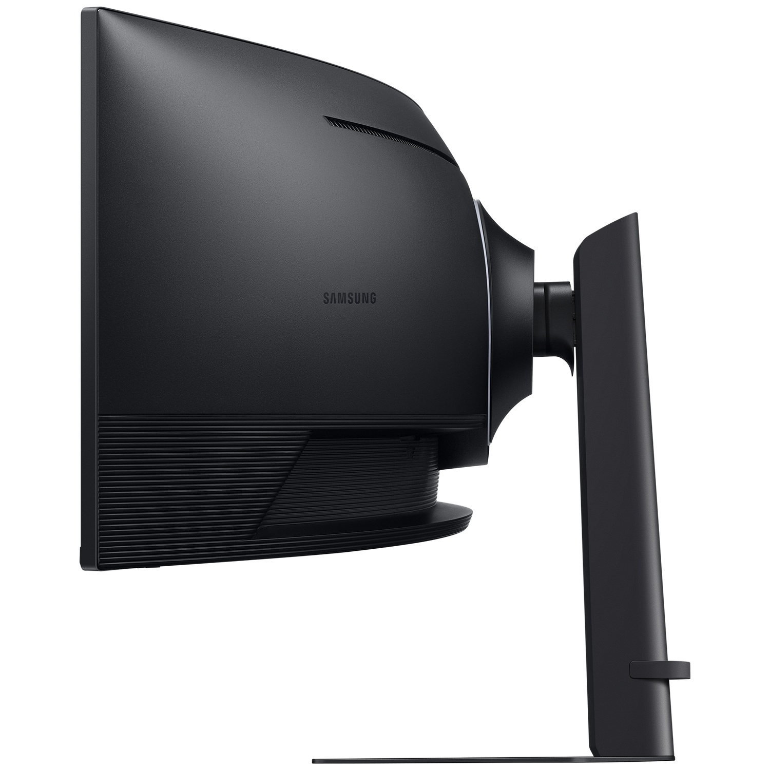 Achterkant van een zwarte Samsung monitor met gebogen scherm en standaard.