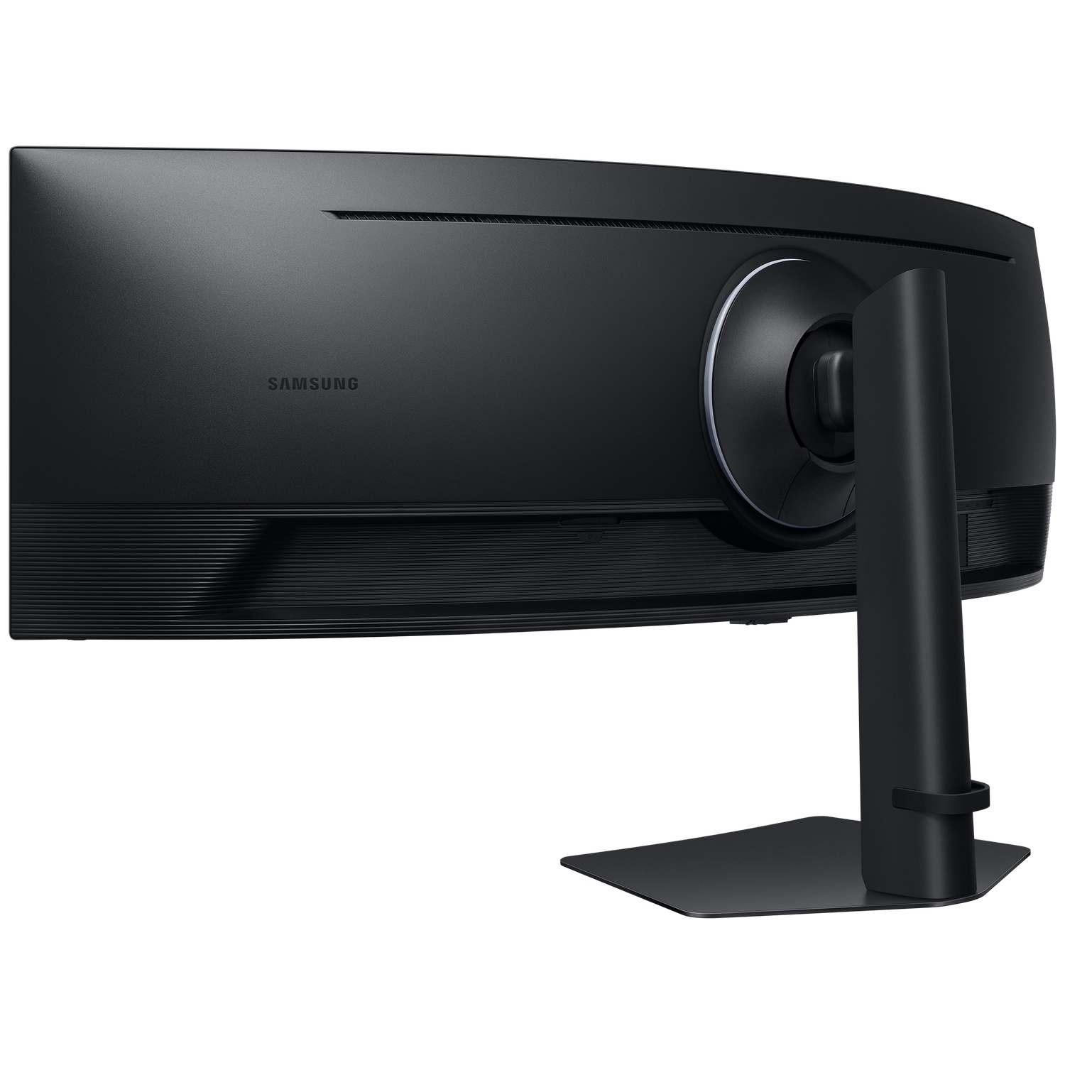 Achterkant van een zwarte Samsung monitor met gebogen behuizing en standaard. Samsung logo zichtbaar.