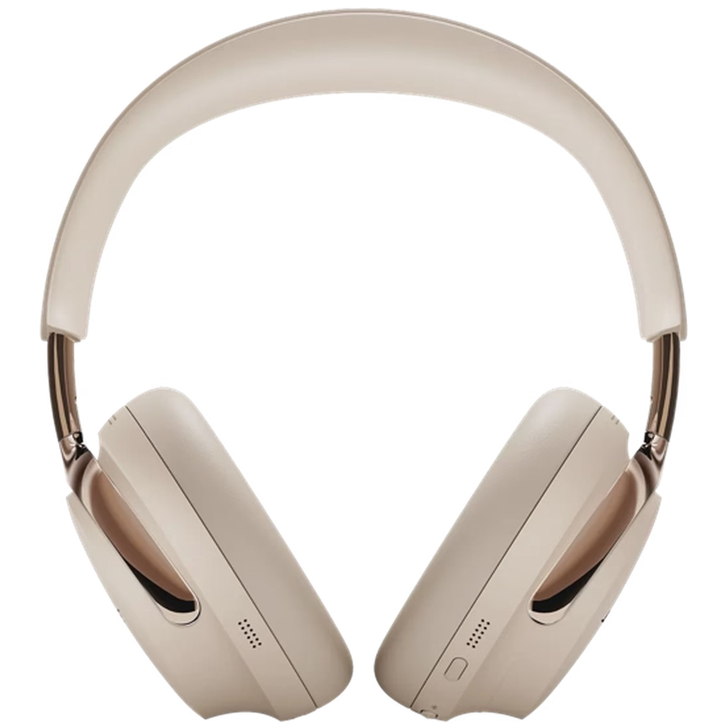 Casque beige avec accents dorés et arceau rembourré.