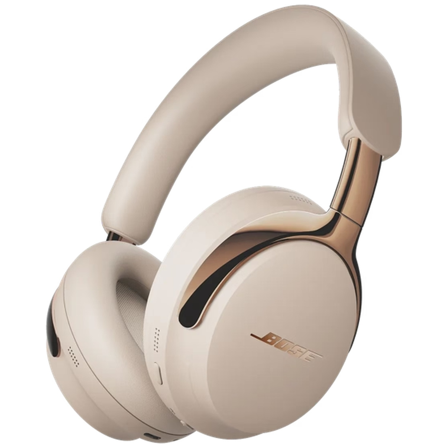 Casque Bose beige avec accents or rose sur fond blanc.