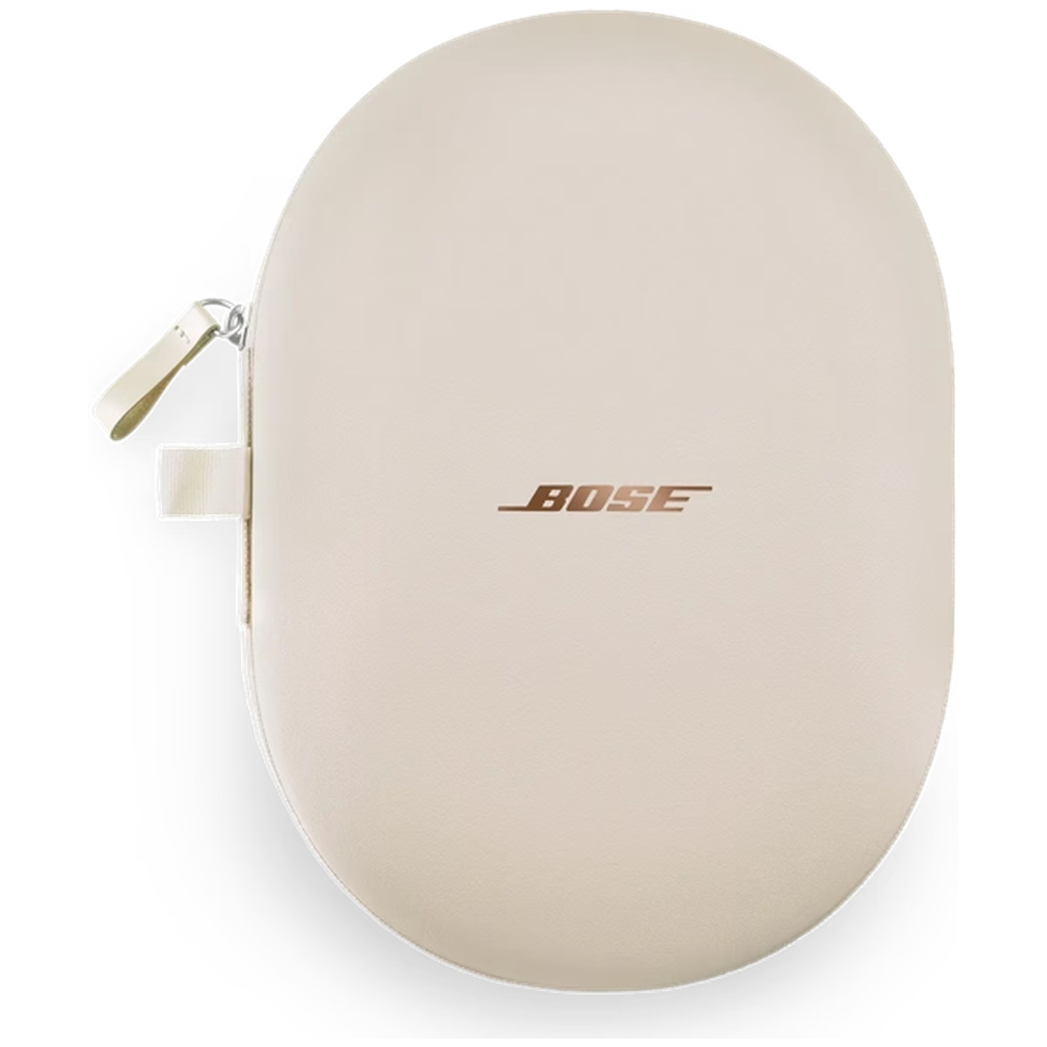 Une housse d'écouteurs Bose crème avec fermeture éclair et logo.