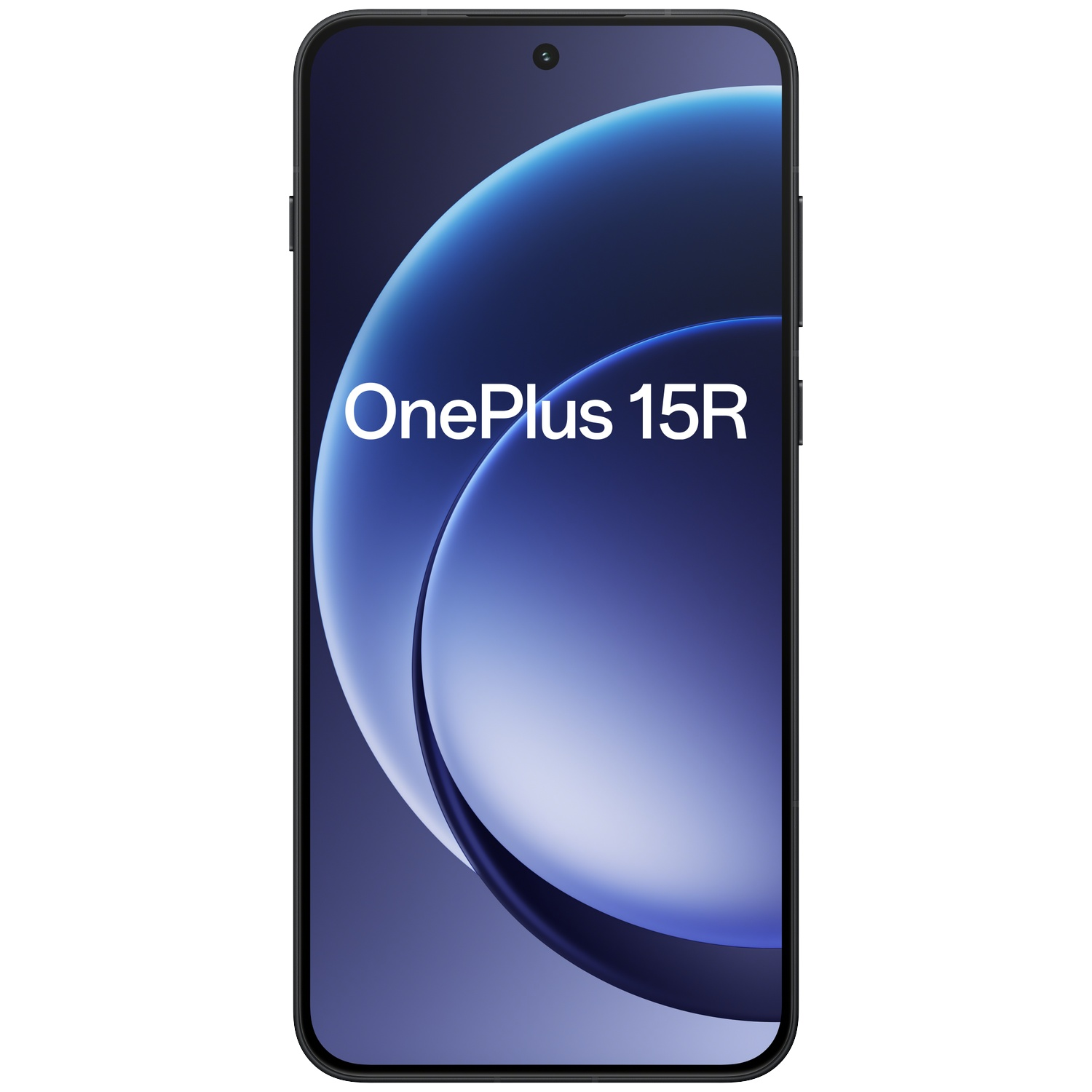 Un smartphone noir affiche "OnePlus 15R" sur fond bleu.