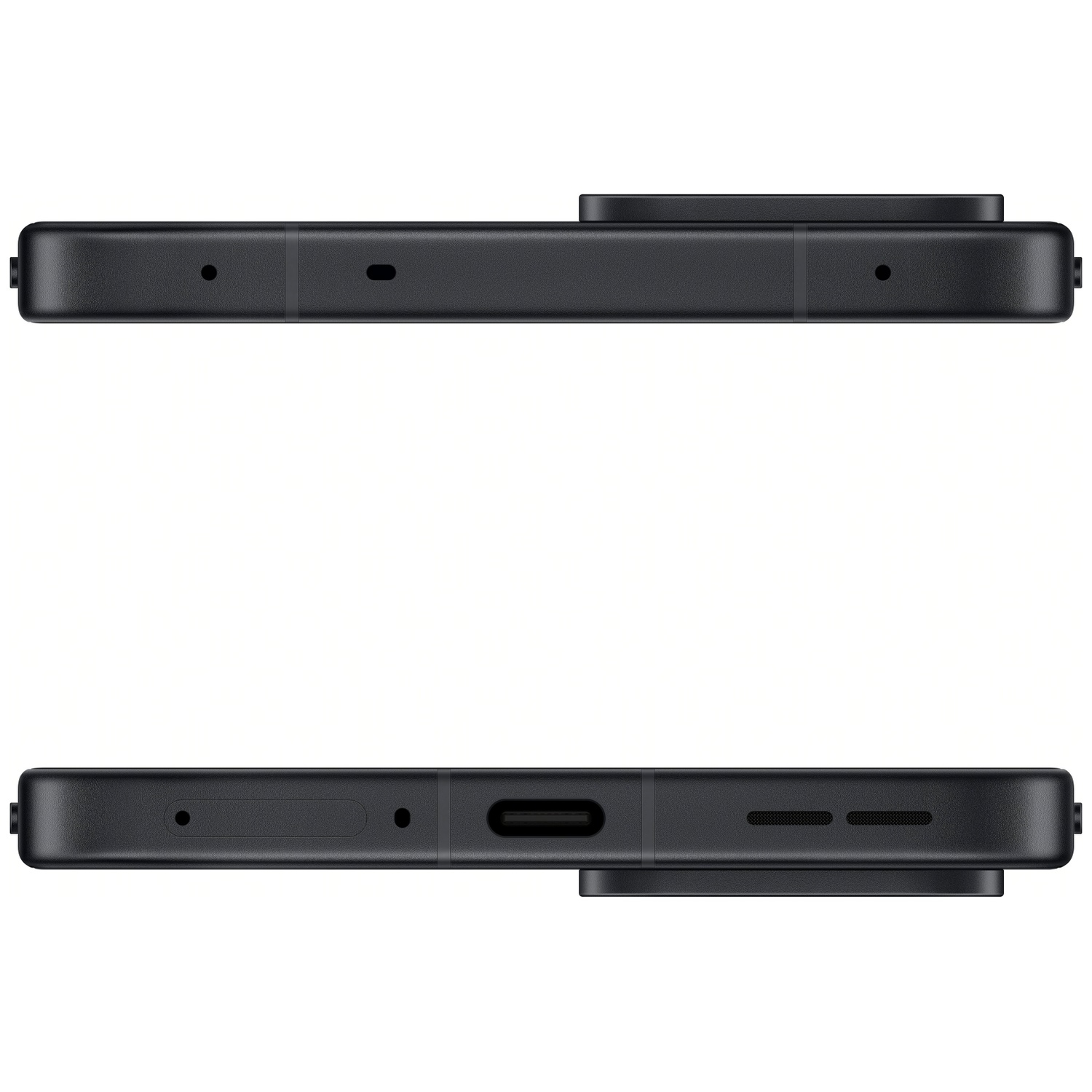 Vues supérieure et inférieure d'un smartphone noir montrant ports et grilles de haut-parleur.