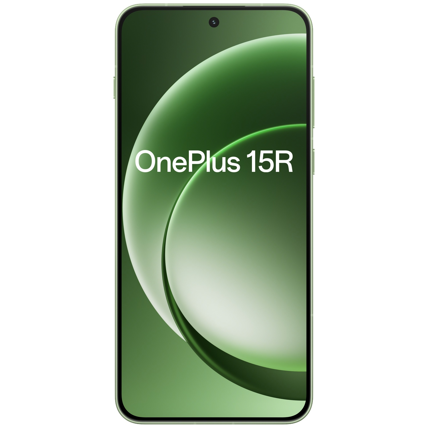 Smartphone OnePlus 15R vert avec motif ondulé sur l'écran.