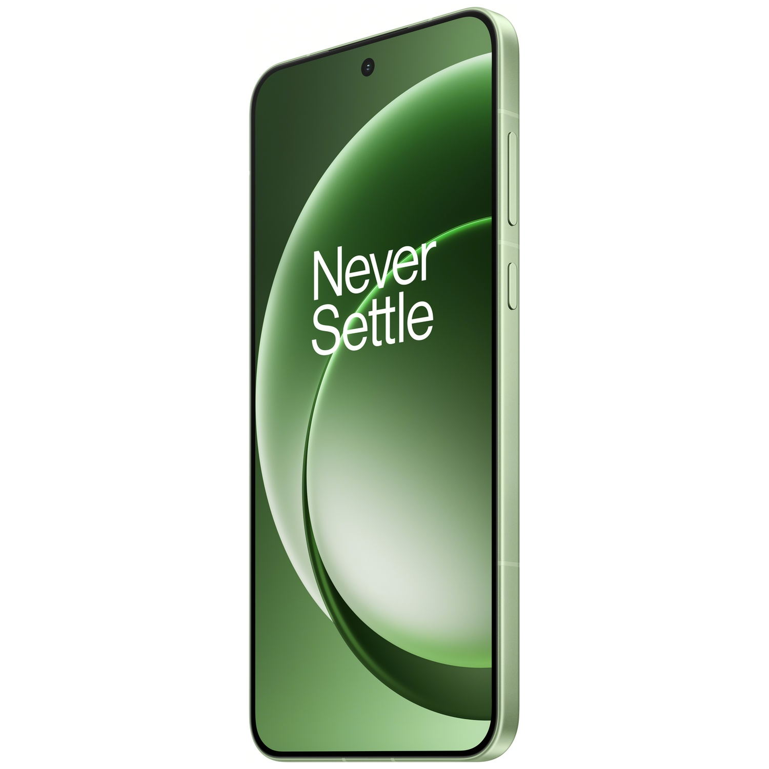 Un smartphone vert clair avec le texte « Never Settle » à l'écran.
