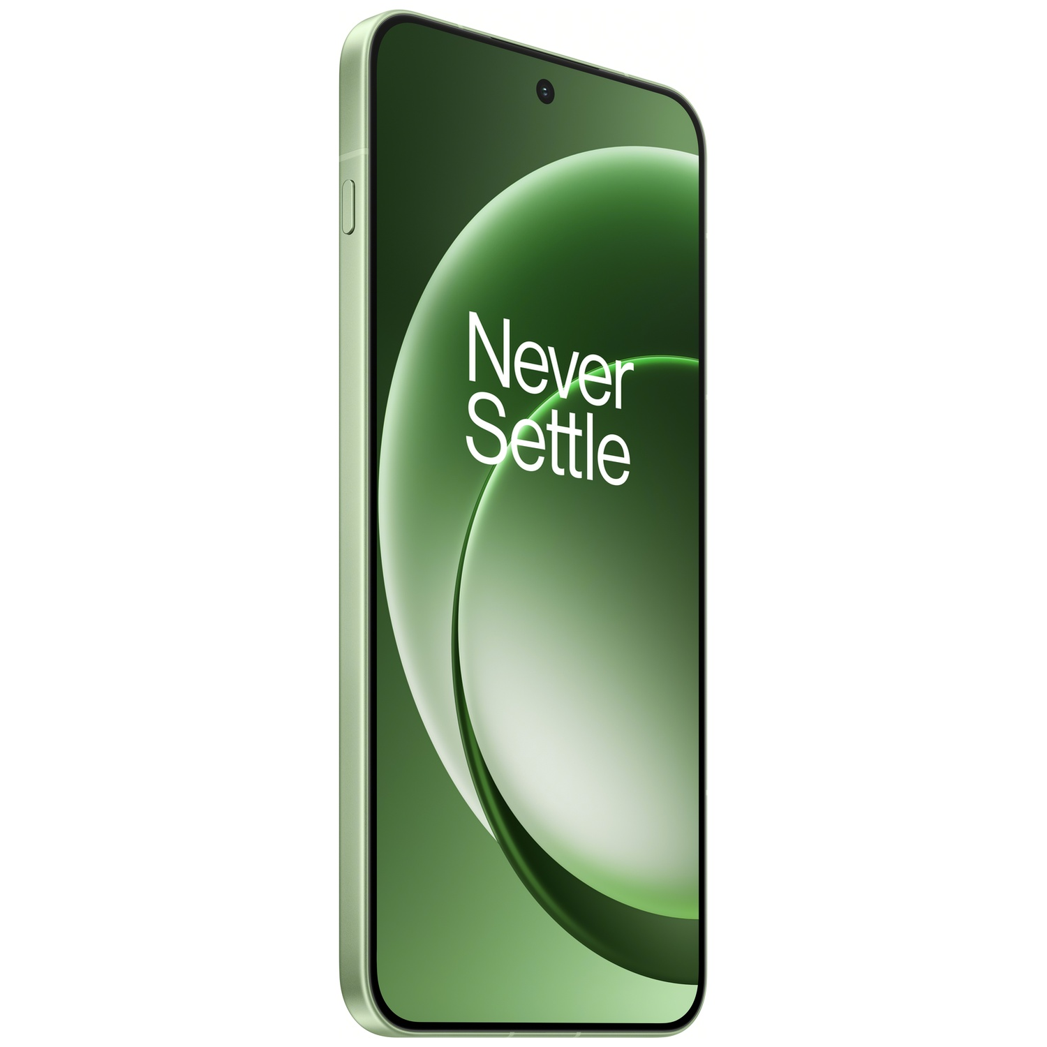 Un smartphone vert clair affichant le texte « Never Settle » sur son écran.