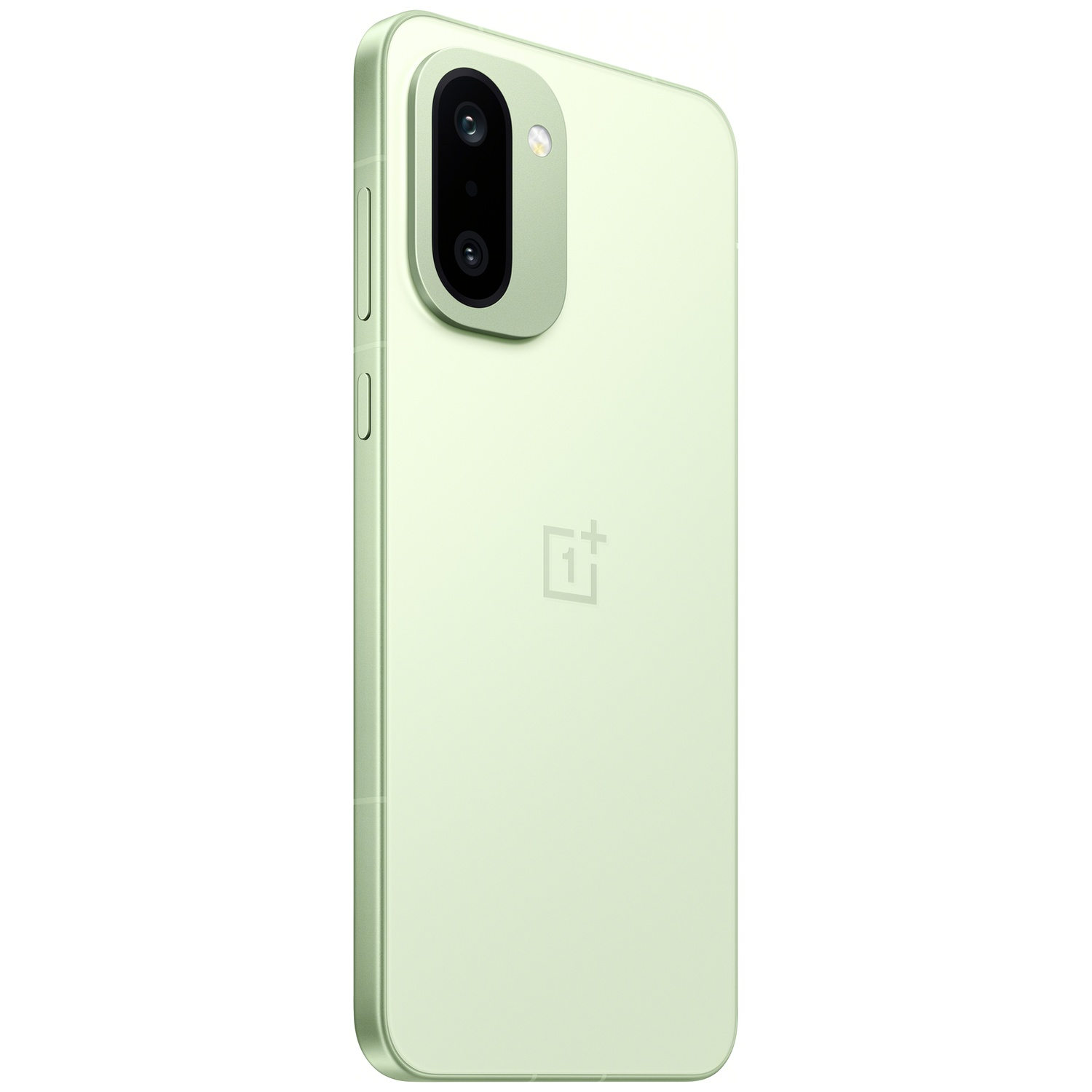 Un smartphone vert clair avec double appareil photo et flash au dos.