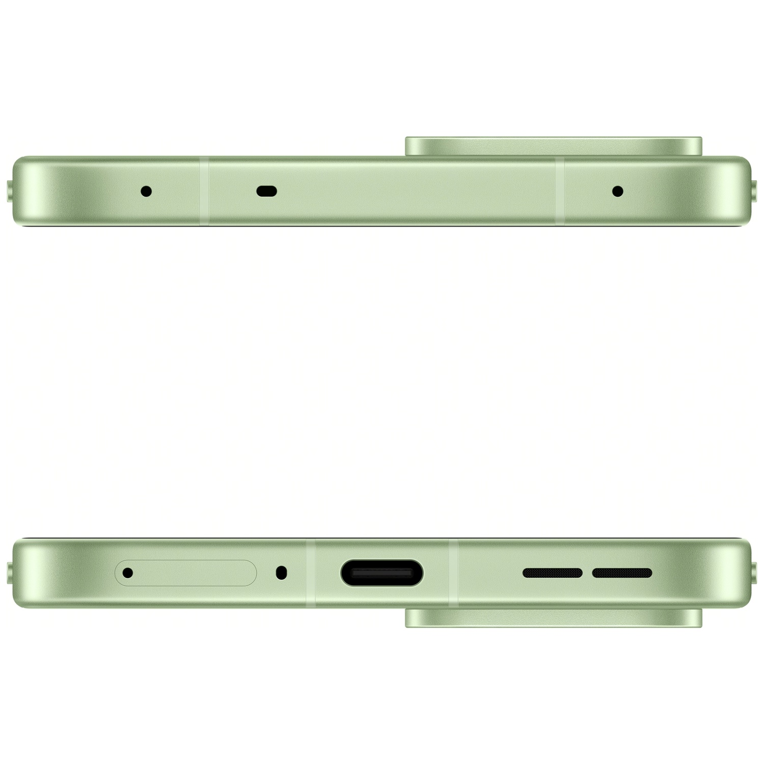 Vues du dessus et du dessous d'un smartphone vert clair, montrant ports et haut-parleurs.