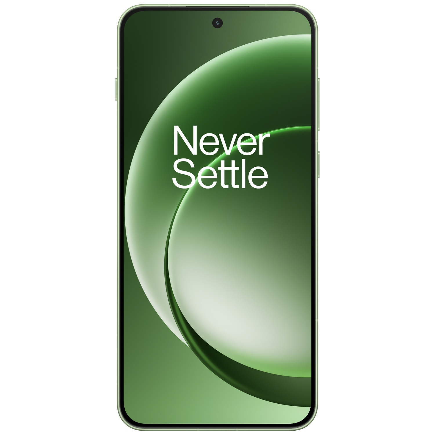Smartphone vert affichant "Never Settle" sur son écran.