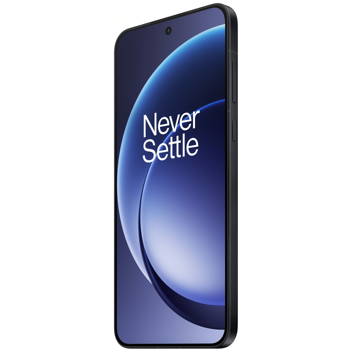 Un smartphone noir avec un fond sombre affichant le texte "Never Settle".