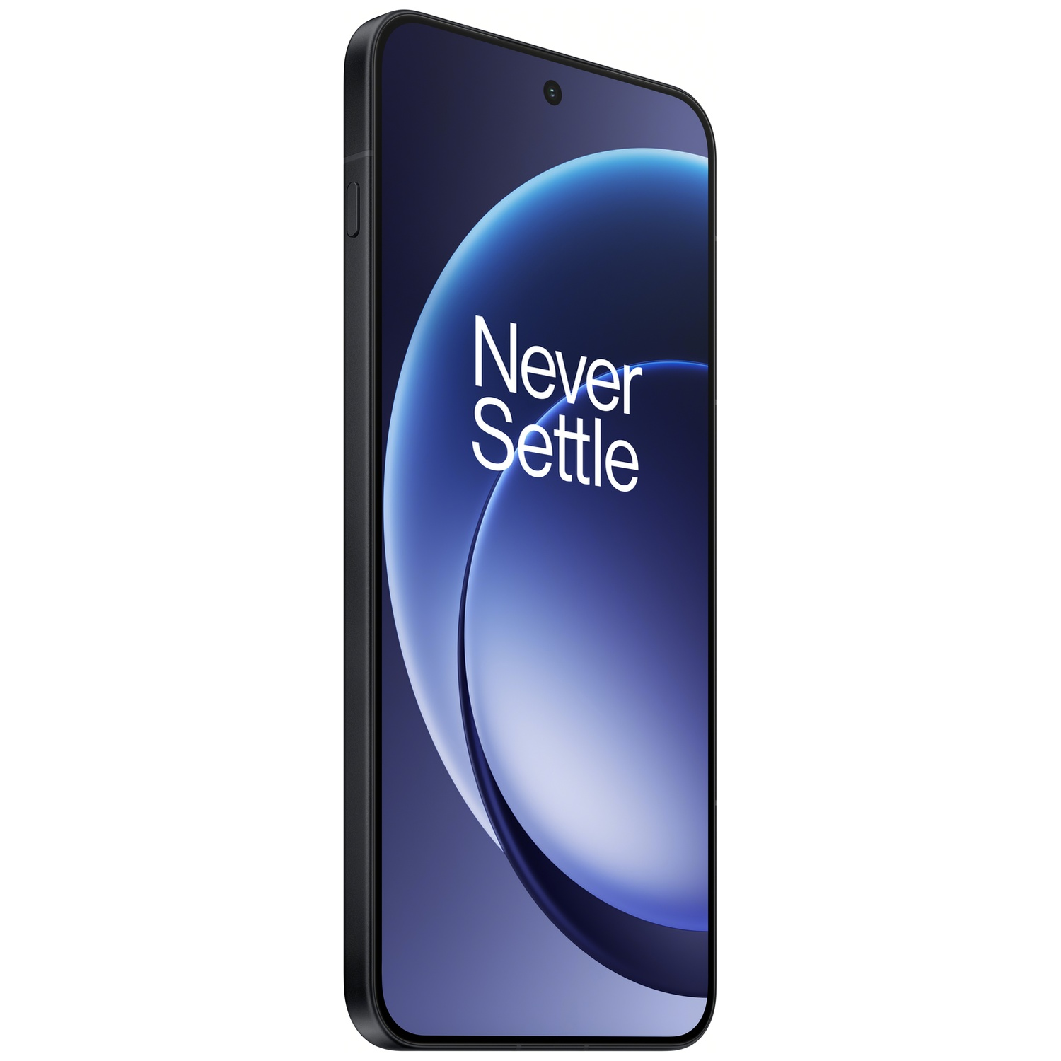 Un smartphone noir avec un fond bleu affichant « Never Settle ».