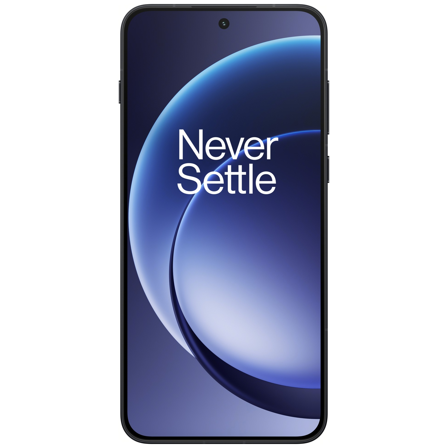 Un smartphone noir affiche un fond d'écran bleu et blanc avec le texte: Never Settle.