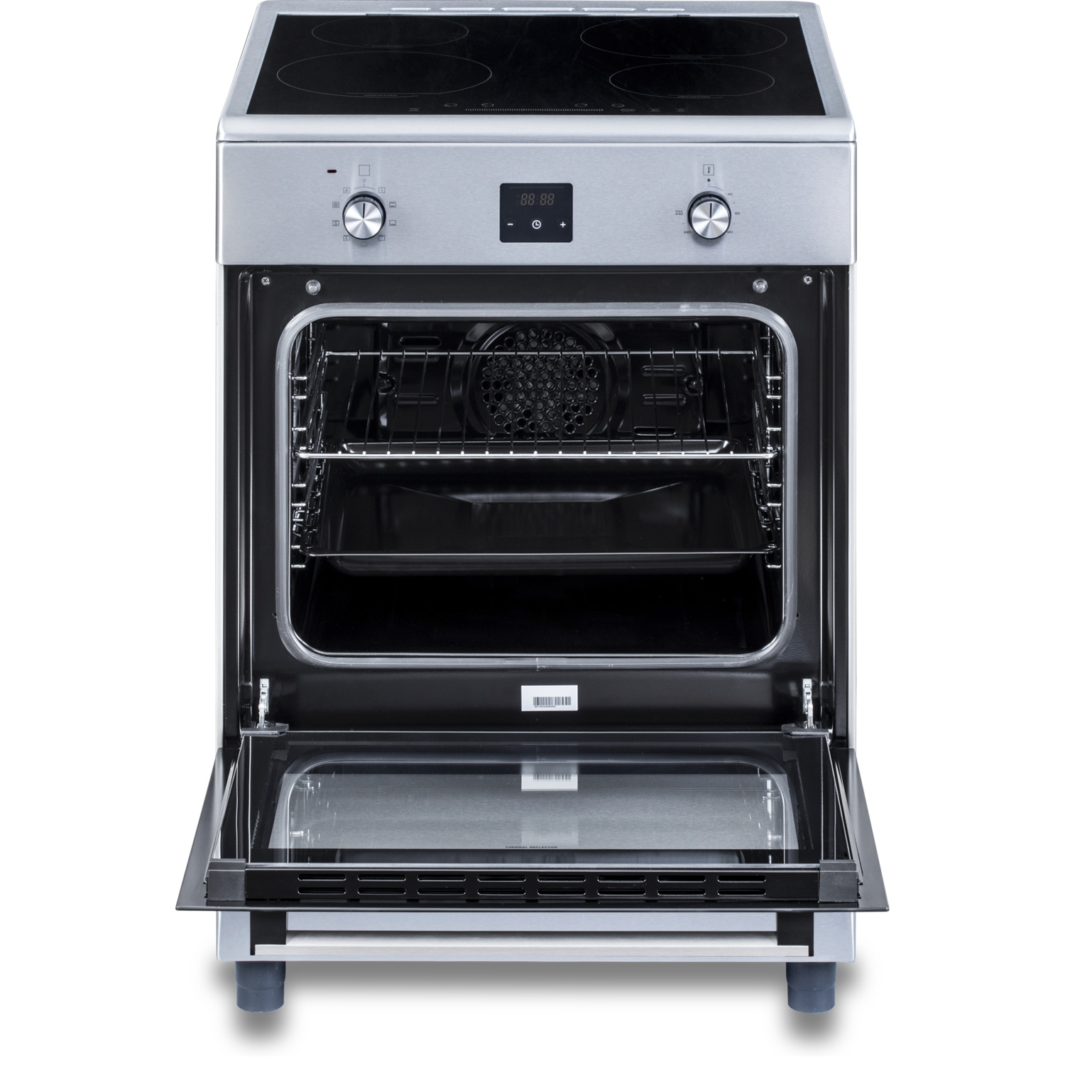 A silver oven with a glass door and stovetop. The oven door is open.