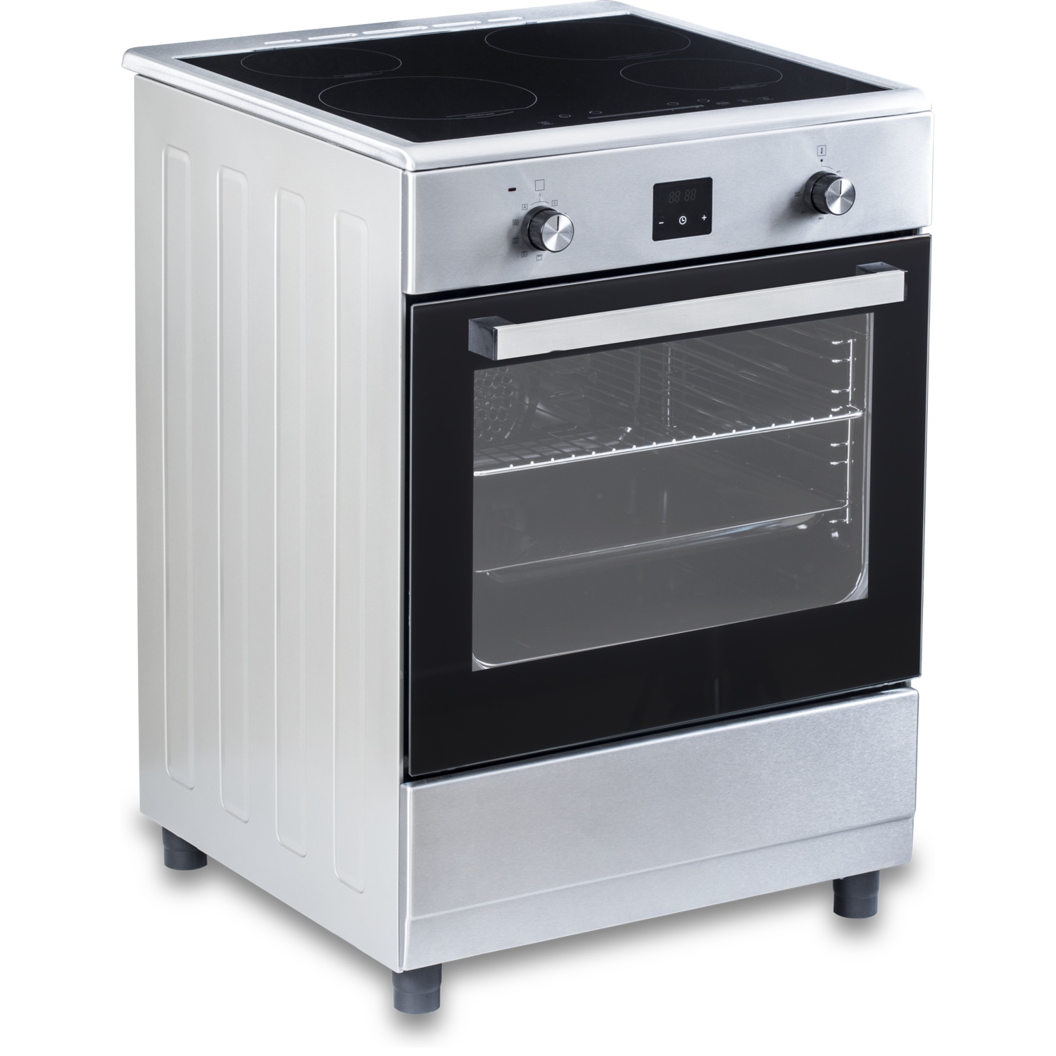 A silver oven with a cooktop and a glass oven door.