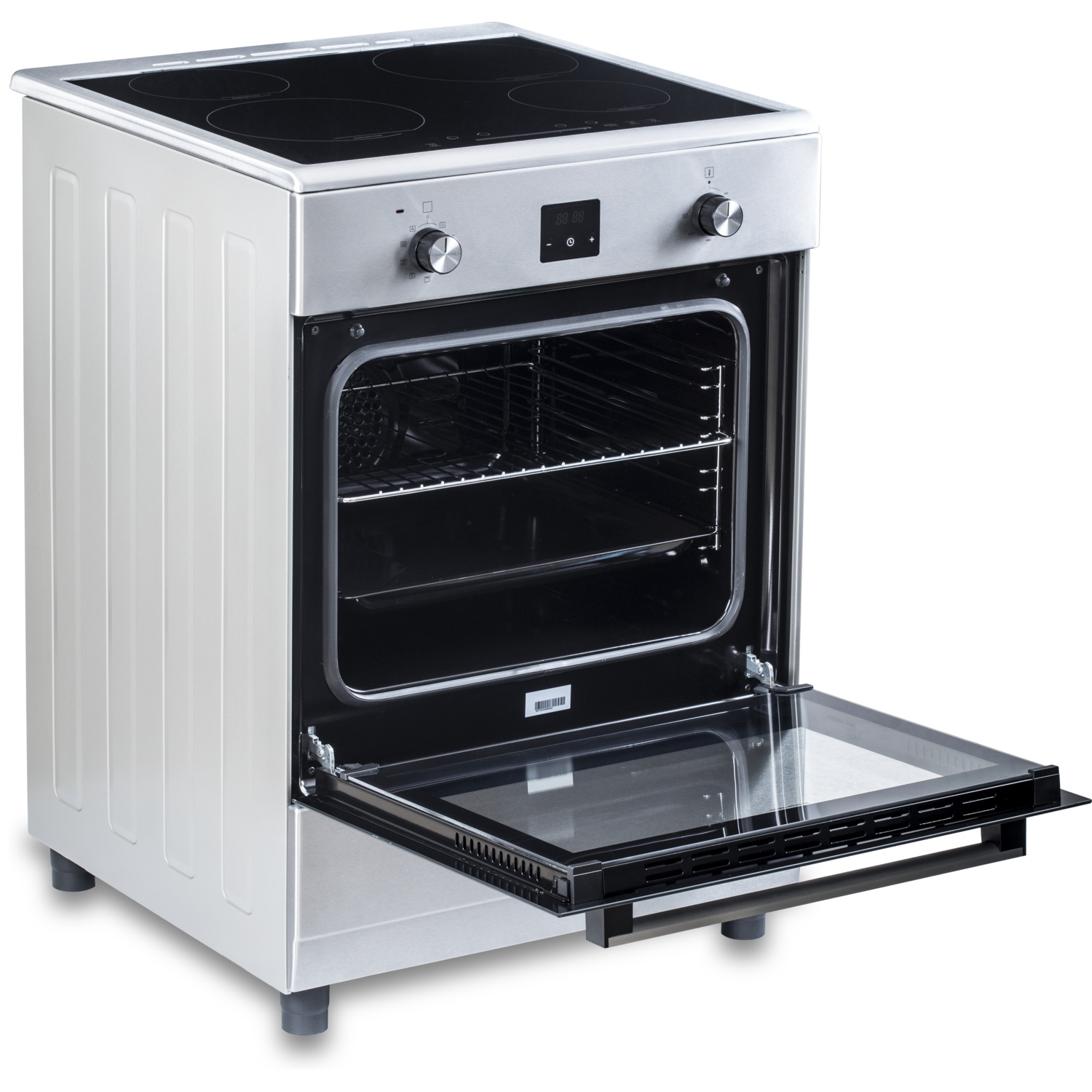 Modern stainless steel oven with door ajar and ceramic glass cooktop.