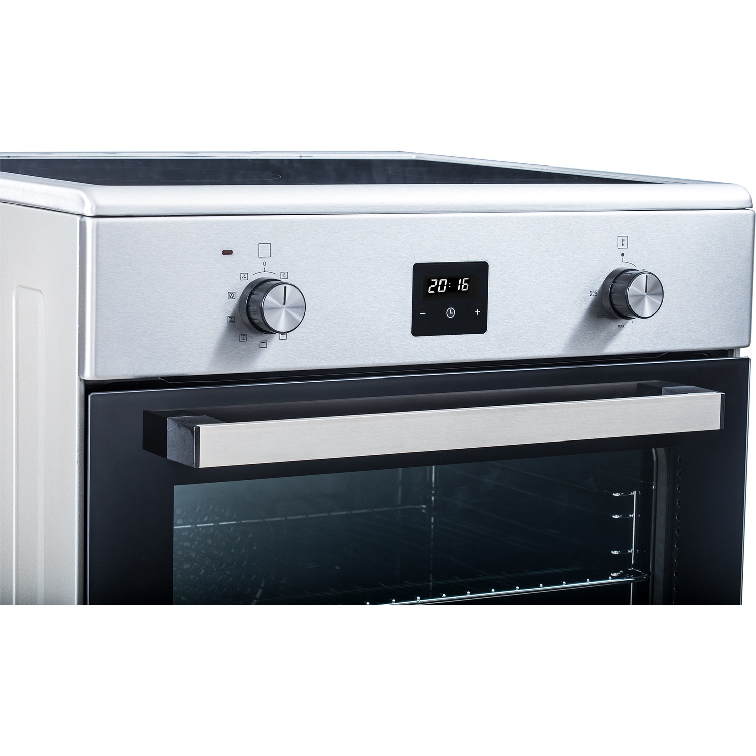 Silver oven with digital clock and two control knobs on the front panel.