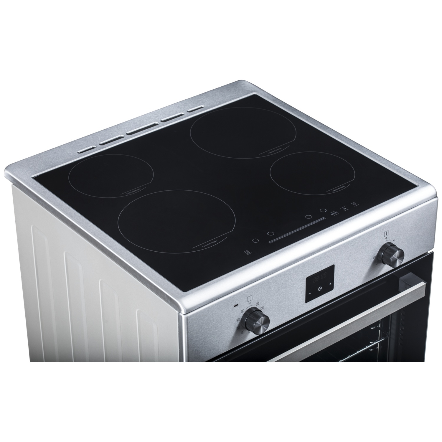 A modern stainless steel induction hob with four cooking zones and an oven.