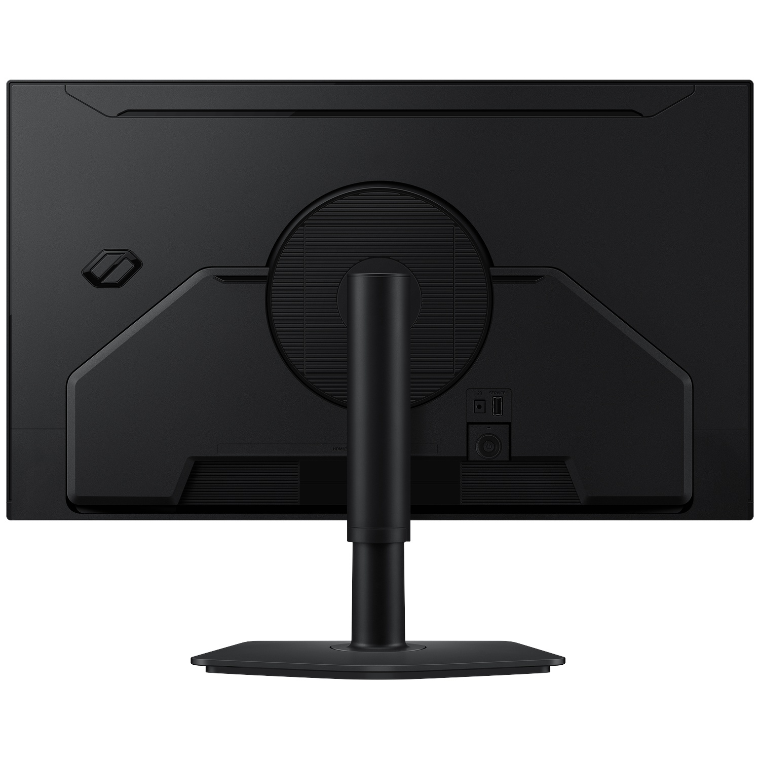 Achterkant van een zwarte monitor met standaard en poorten.