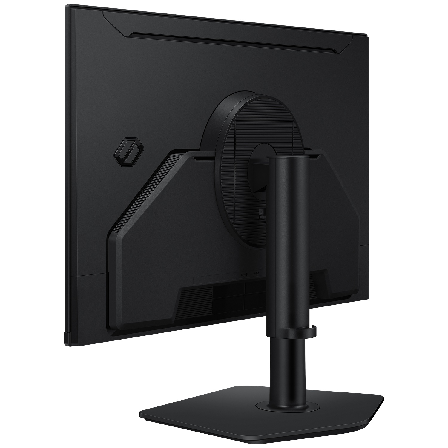 Achterkant van een zwarte monitor met standaard, van links schuin gezien.