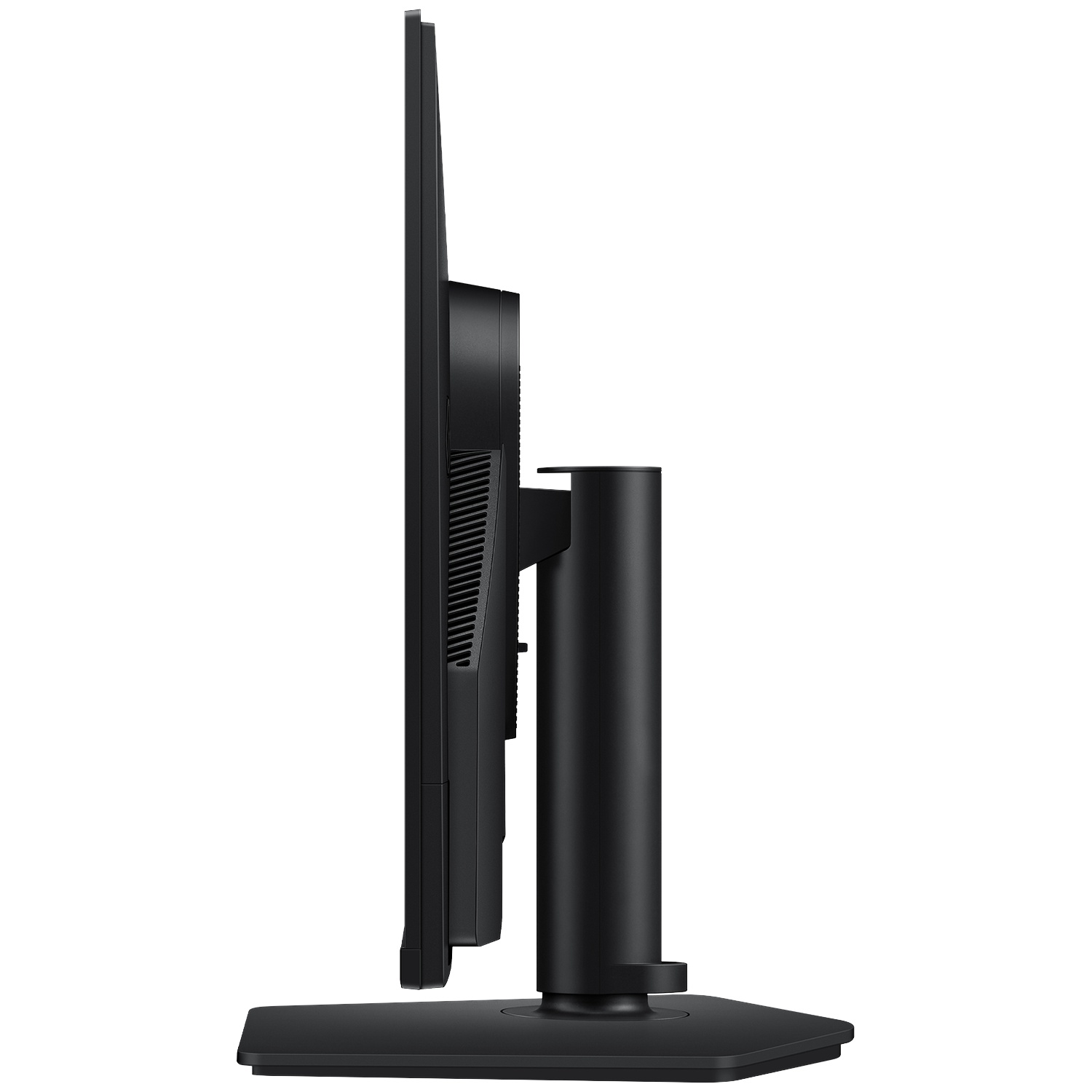 Zijaanzicht van een zwarte monitor met smalle rand en verstelbare standaard, geïsoleerd.