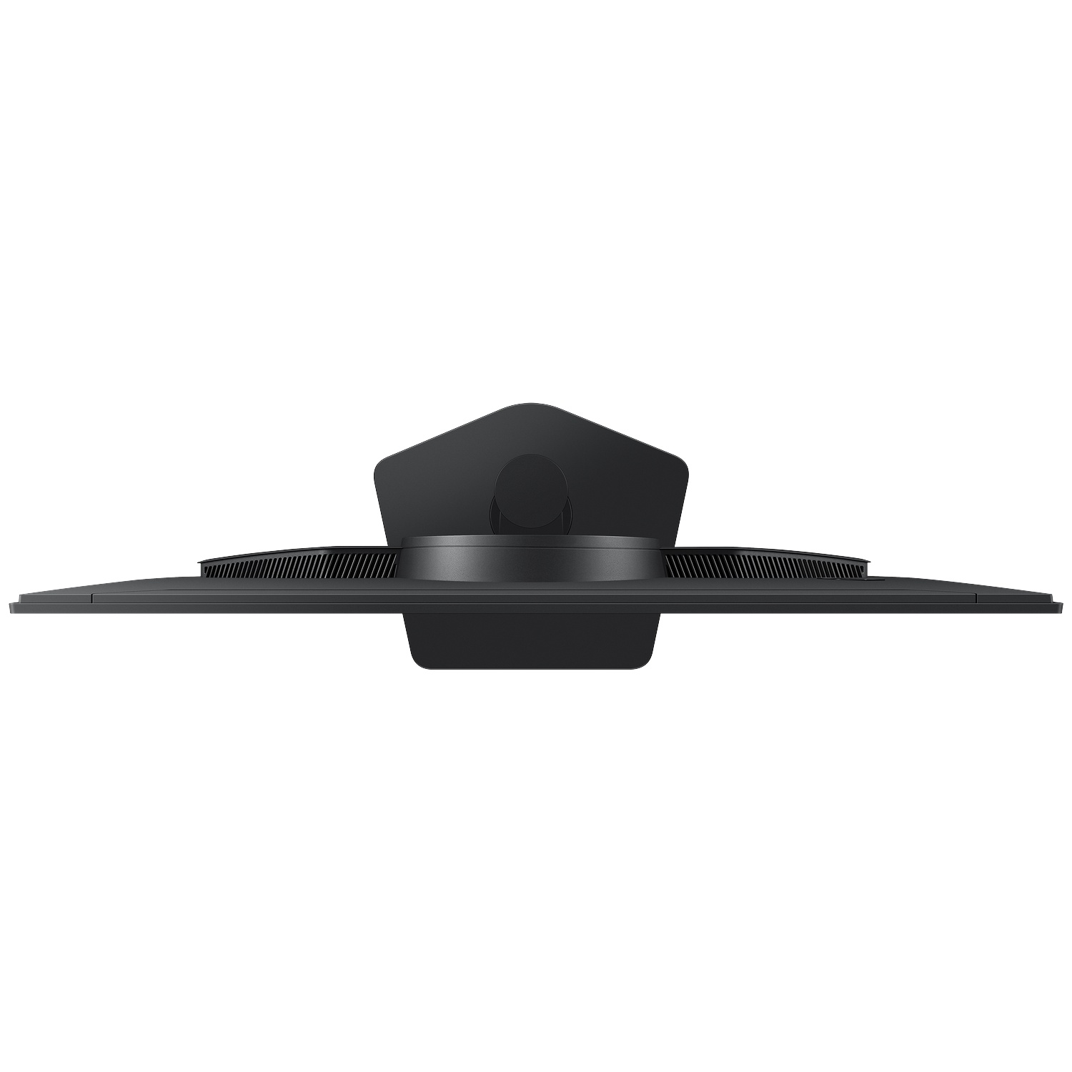 Een zwarte standaard voor computermonitor met ventilatieopeningen, van bovenaf gezien.