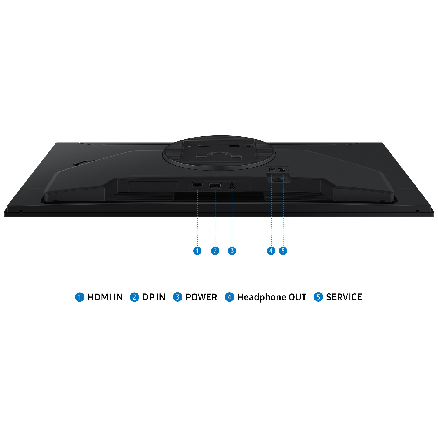 Achterkant monitor met poorten: HDMI, DP, Stroom, Koptelefoon, Service.