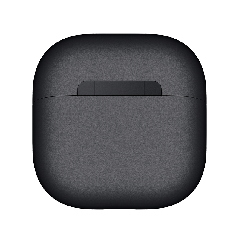 Ciemna, prostokątna ładowarka do słuchawek z zaokrąglonymi rogami.