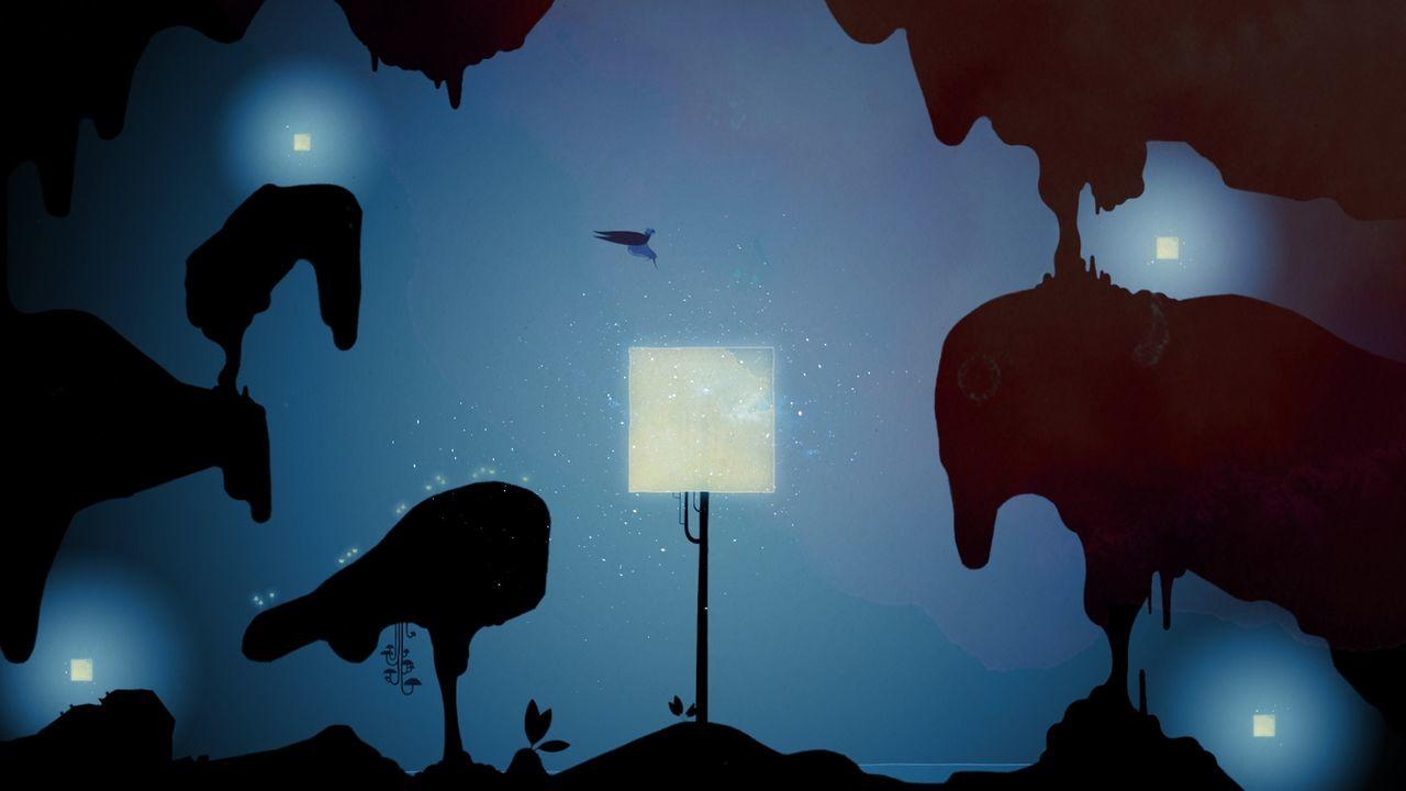 Silhouetten von Höhlenformationen und Pflanzen in blauer Dämmerung.