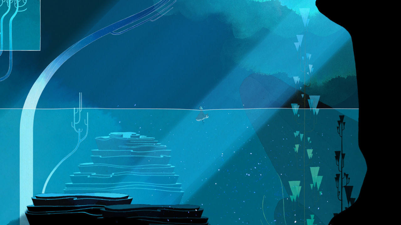 Ein Wal schwimmt unter Wasser in einer blauen, abstrakten Unterwasserwelt.