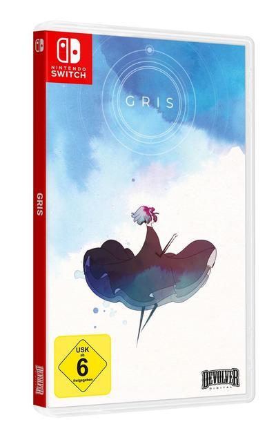 Nintendo Switch Hülle für GRIS, mit Aquarell-Hintergrund und einer Figur.