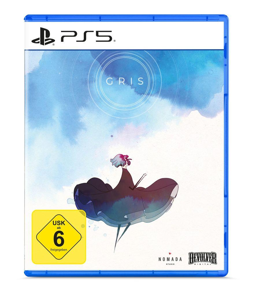 PS5-Spiel GRIS-Cover: Ein Mädchen mit pinken Haaren in einem blauen Kleid steht in einer Aquarellwelt.