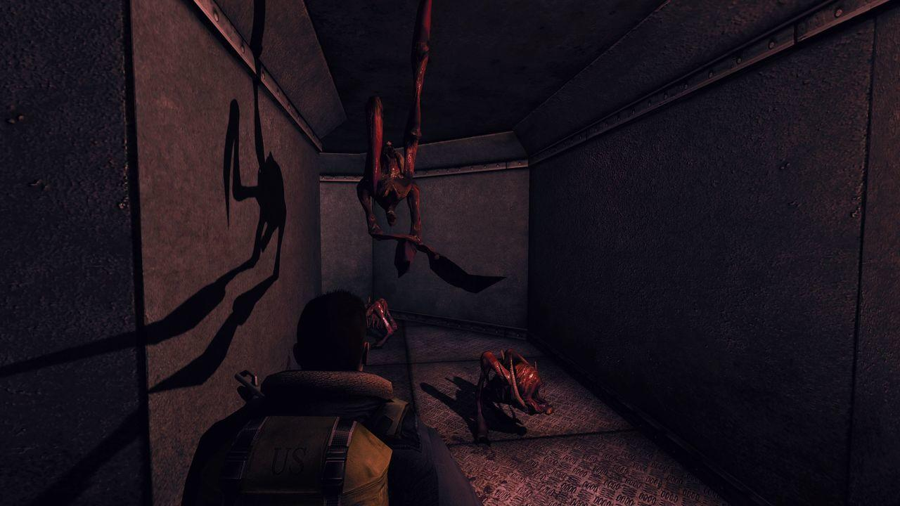 Ein Mann mit Rucksack steht in einem dunklen Korridor. Hängende Kreaturen sind sichtbar.