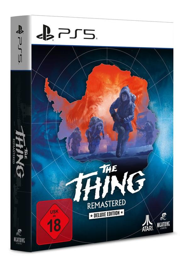 PS5-Spielhülle: The Thing Remastered. Eisige Szene mit Kreatur und Soldaten im Schnee.